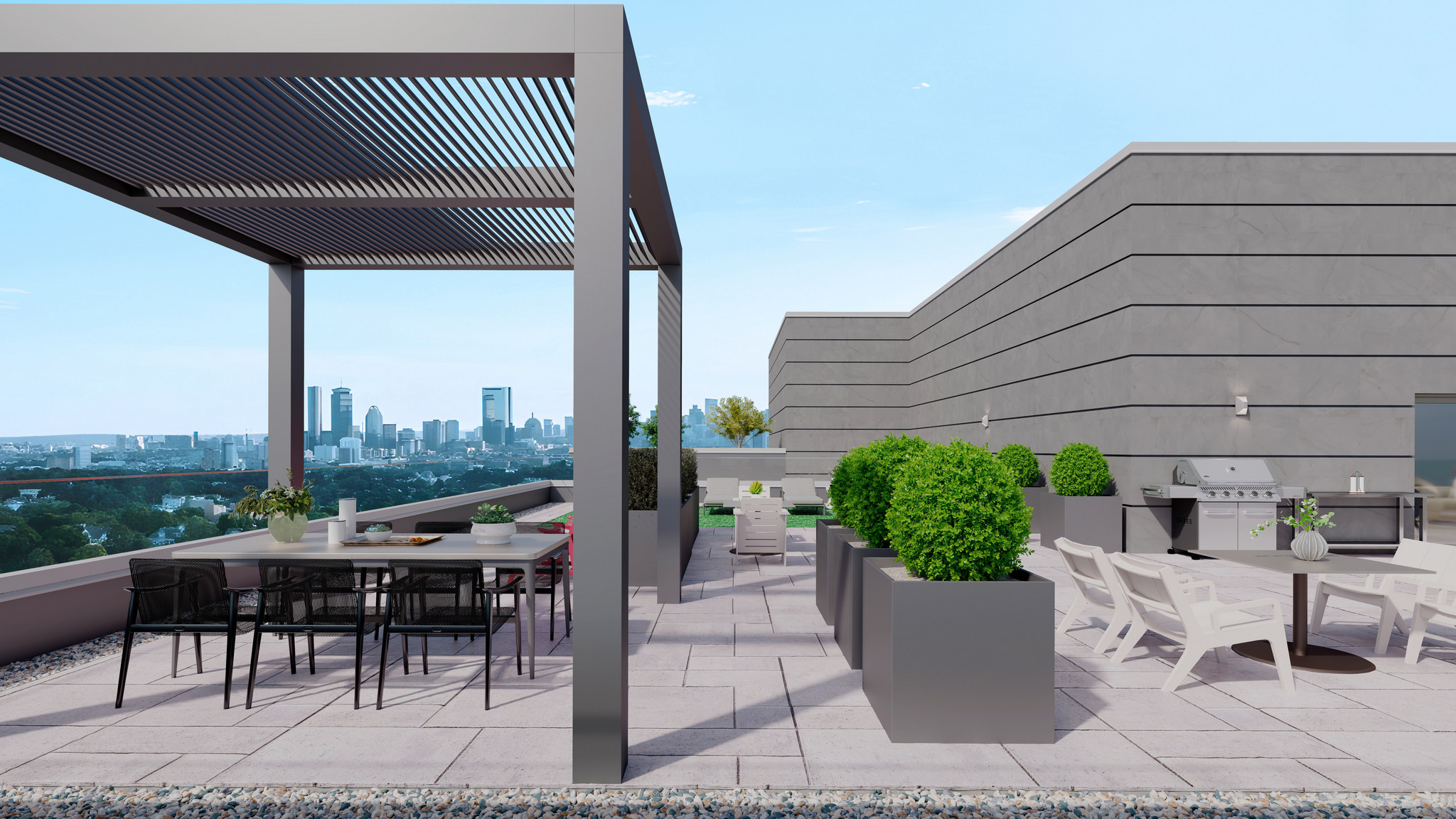 Rooftop terrace pergola and dining area with city views