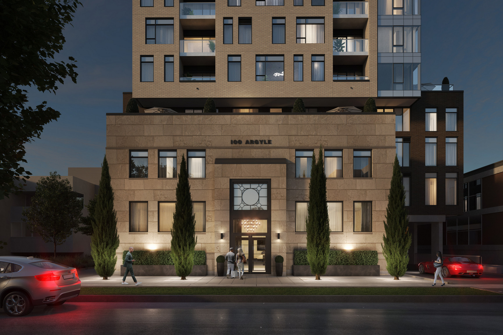 The illuminated entrance of Artefact on Argyle at twilight