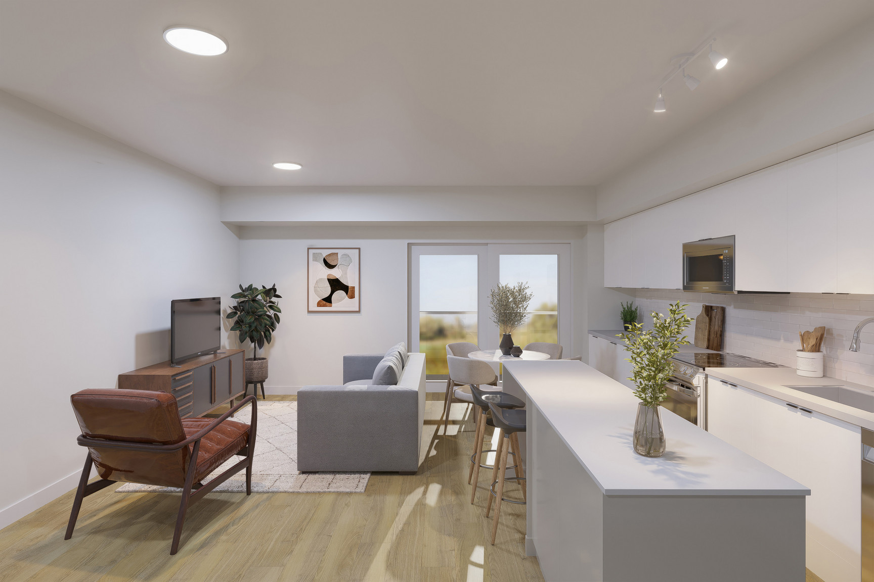 Living and kitchen area in a three-bedroom suite