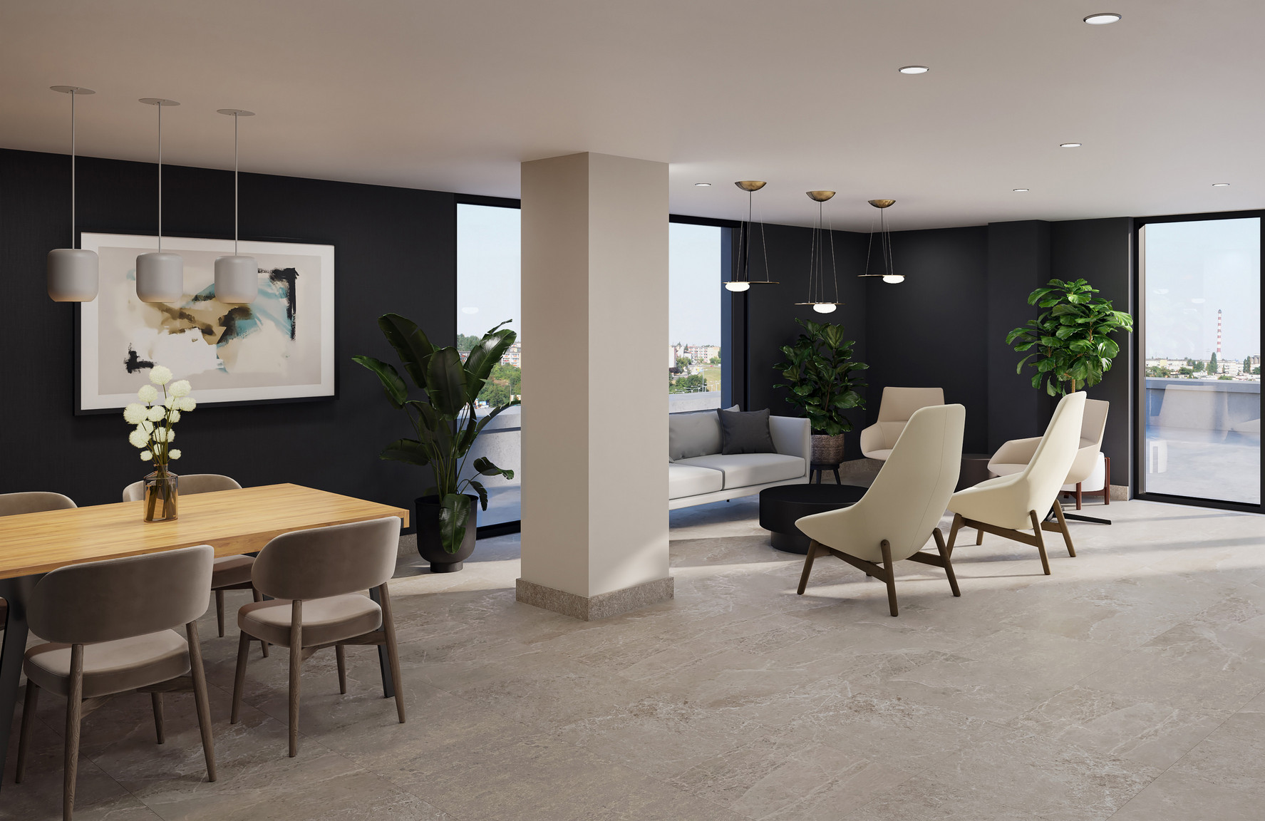 Penthouse lounge with dark accent walls and brass lighting