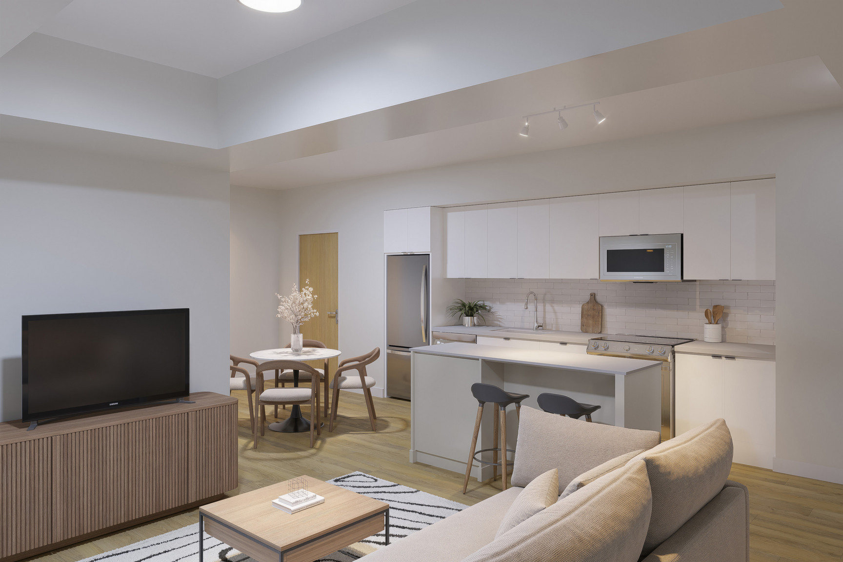 Bright kitchen and living space inside an Artefact on Argyle suite